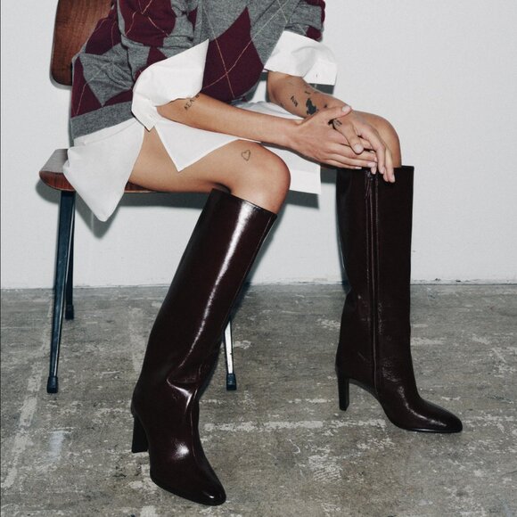 Zara Leather Boots Burgundy Wide Heel Tall Classy EU 42 - Picture 2 of 16